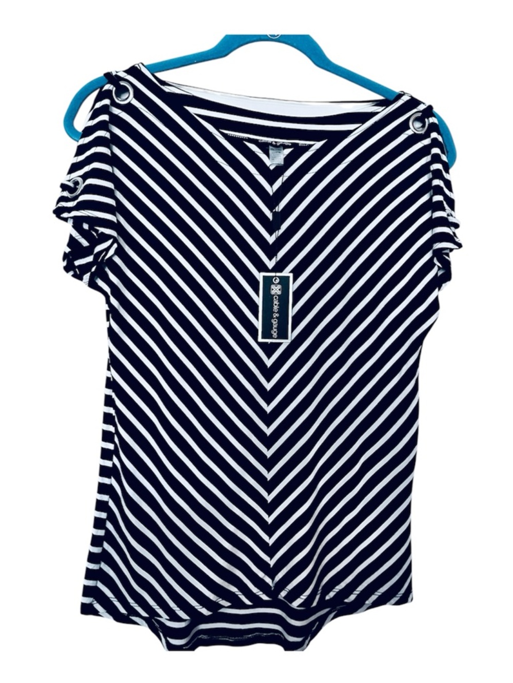 Cable & Gauge Navy and White Striped V‑Neck Short Sleeve Top Size XS NWT